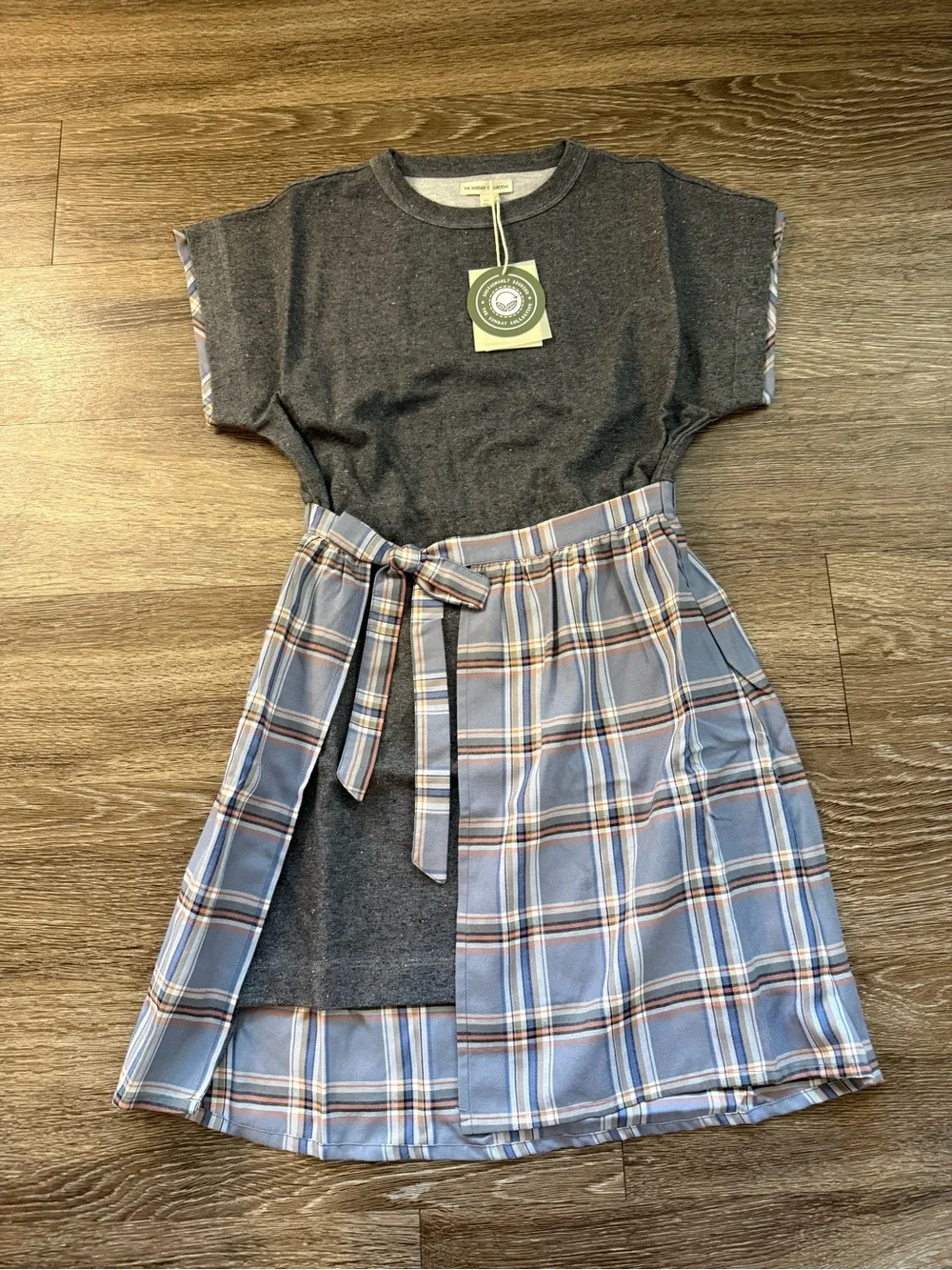 NWT The Sunday Collective Grey and Plaid Detail Dress